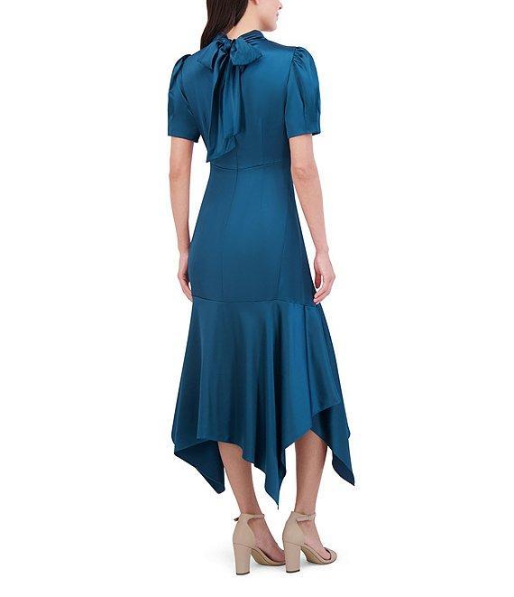 Eliza J Satin Mock Neck Short Puff Sleeve Tie Back Hanky Hem Midi Dress Product Image
