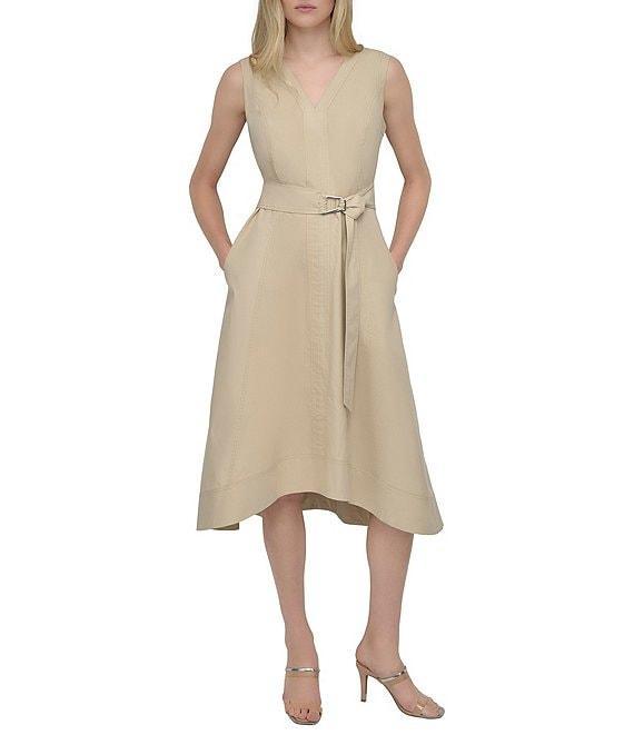 DKNY by Donna Karan V-Neck Sleeveless Self Belt Cotton Blend Midi Dress Product Image