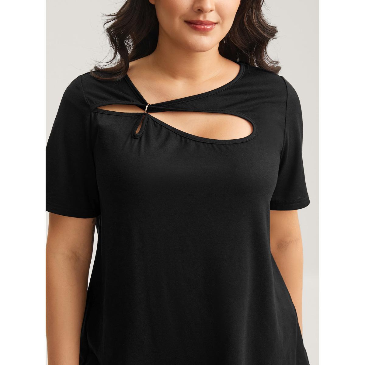 Plus Size Neck Cut-Out Round Neck T-Shirt Black Women Cut-Out Asymmetrical Neck Everyday-Casual T-shirts BloomChic 26/4X Product Image