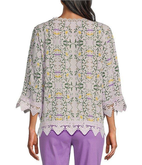 Allison Daley Trellis Floral Print 3/4 Sleeve Crew Neck Lace Detail Blouse Product Image