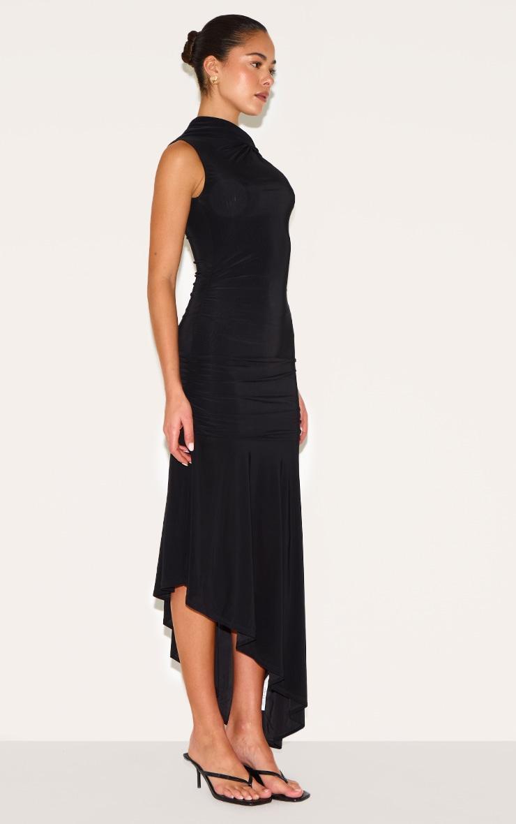 Black Double Layer Slinky Asymmetrical Ruched Midaxi Dress Product Image
