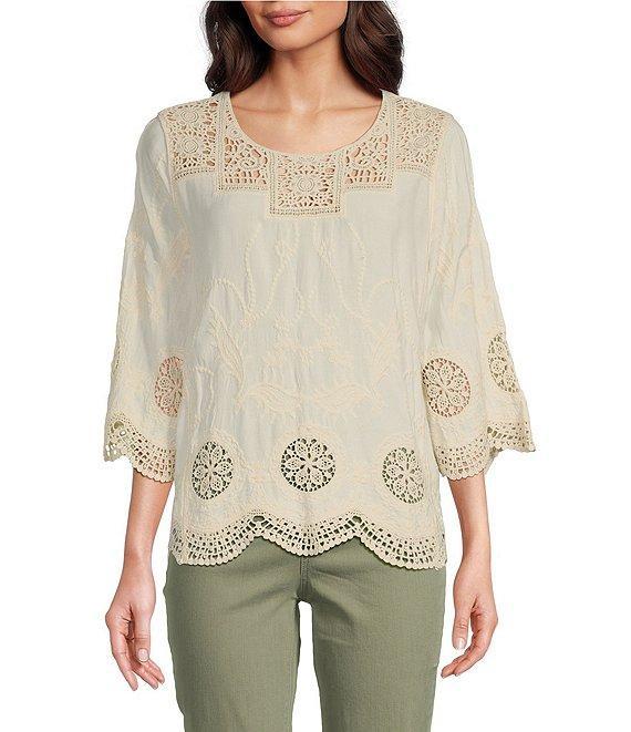 Leo & Nicole Woven Allover Embroidered Scoop Neck 3/4 Sleeve Lace Yoke Top Product Image