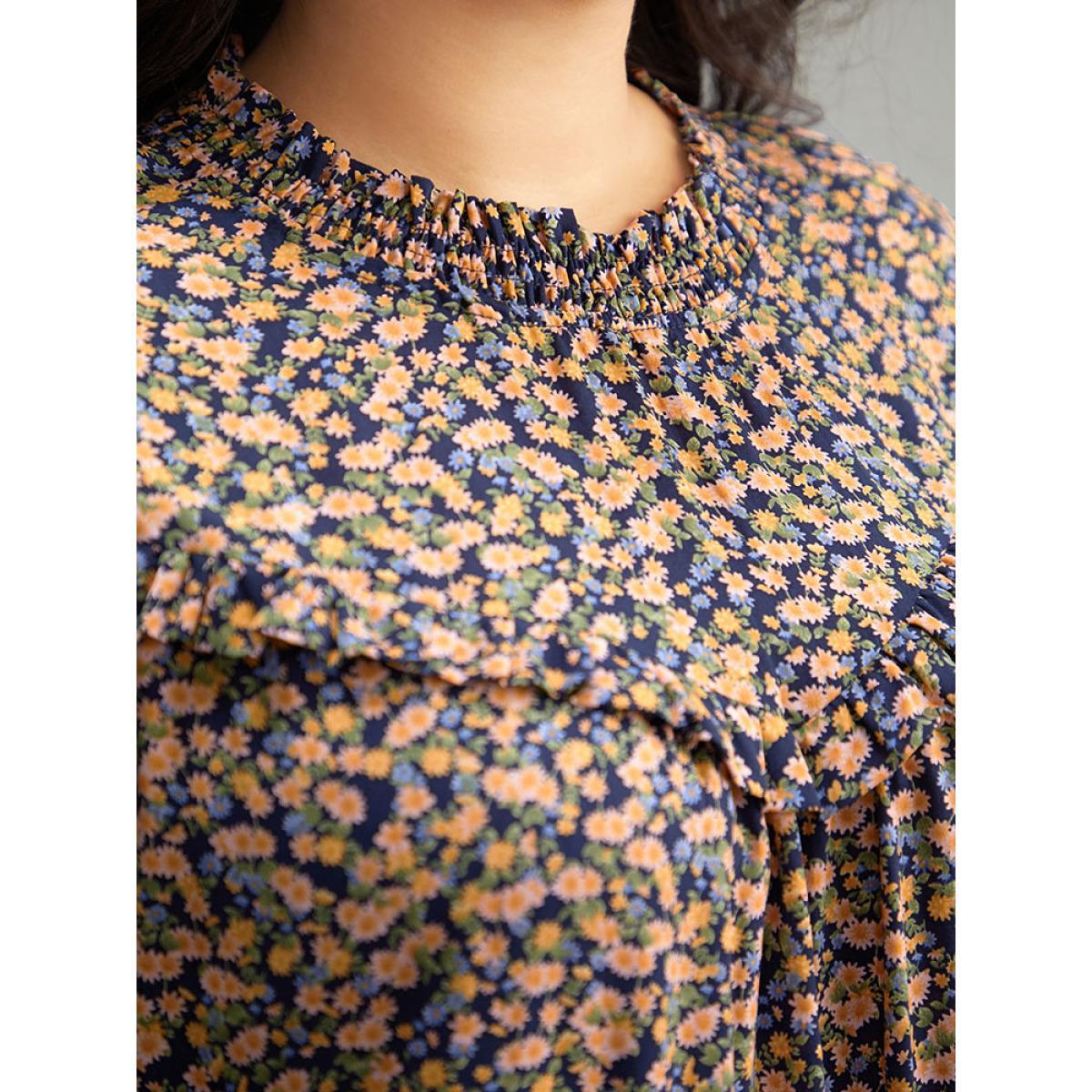 Plus Size Multicolor Ditsy Floral Shirred Ruffle Trim Blouse Women Elegant Long Sleeve Halter neck Dailywear Blouses BloomChic 12/L Product Image