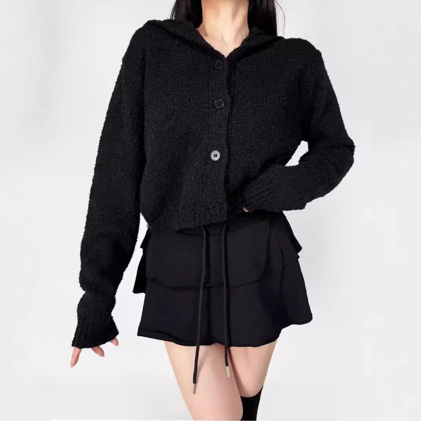Hooded Plain Button Up Crop Cardigan Product Image