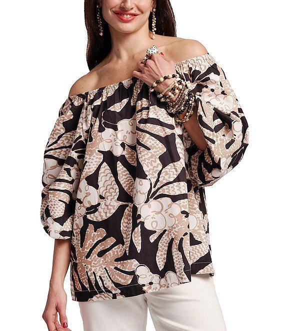 FRANCES VALENTINE Bliss Sketchy Jungle Print Elastic Crew Neck 3/4 Sleeve Top Product Image