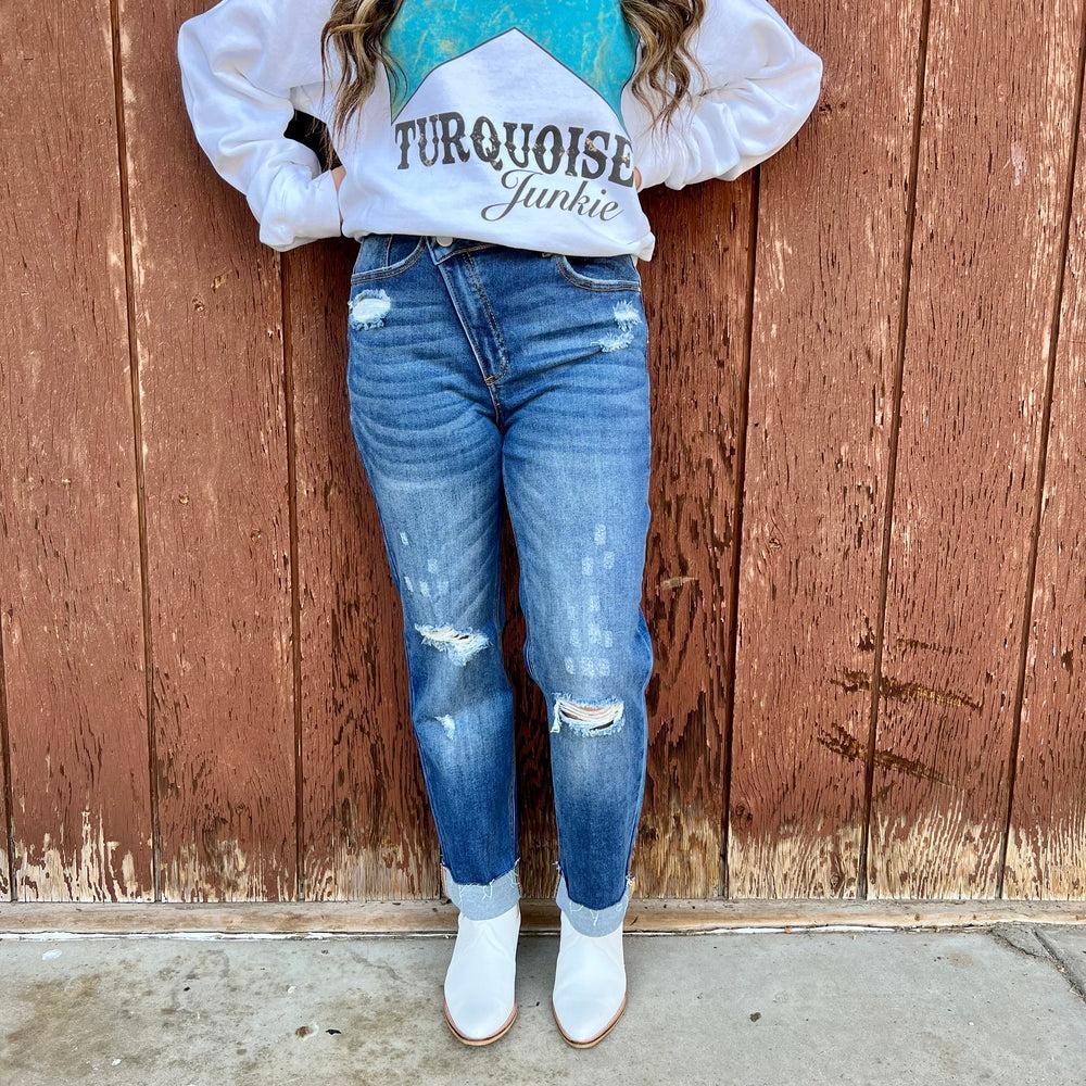 Risen Medium Wash Boyfriend Crossover Jeans* Product Image