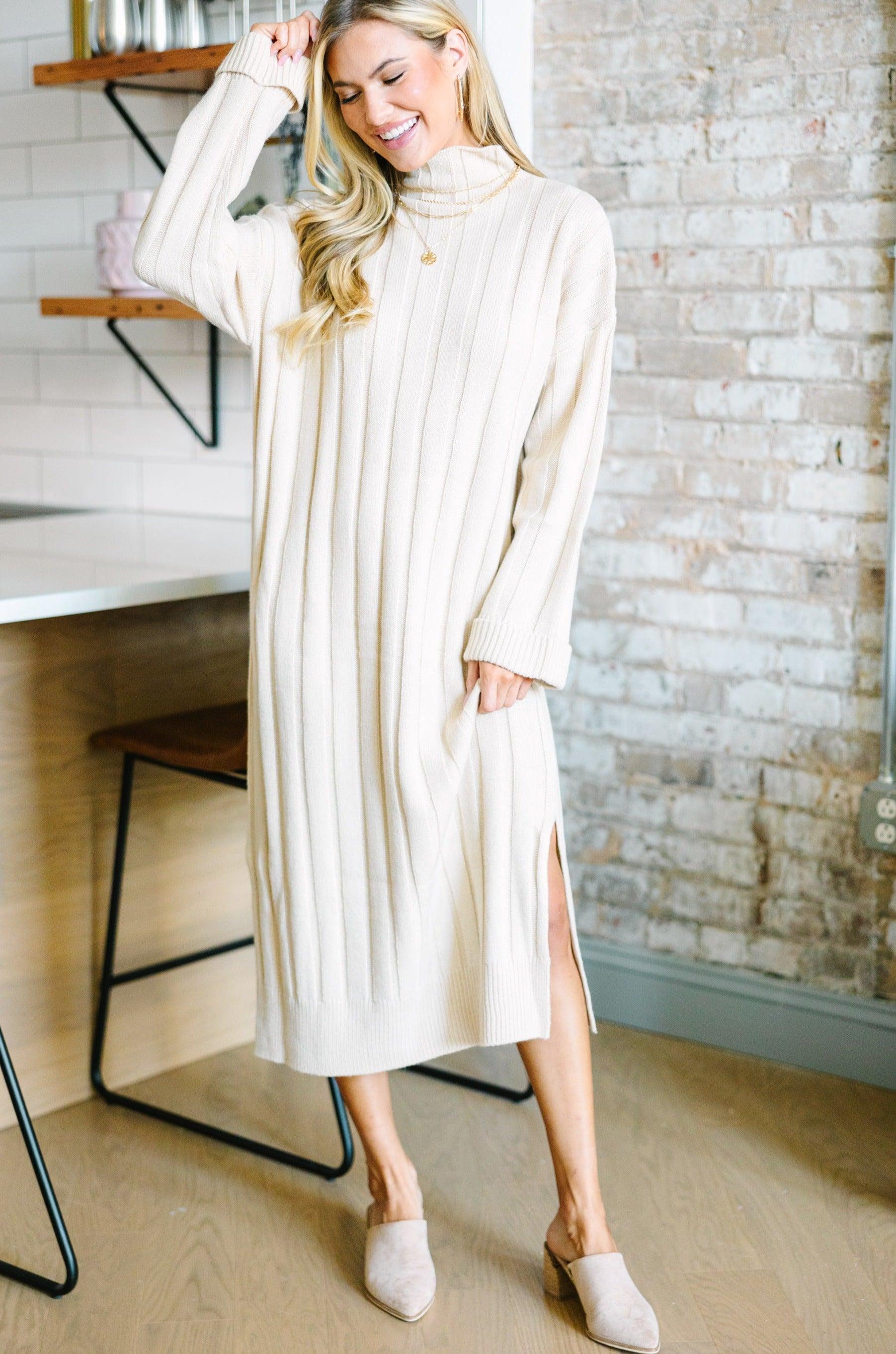 What You Need Oatmeal Brown Midi Sweater Dress Female Product Image