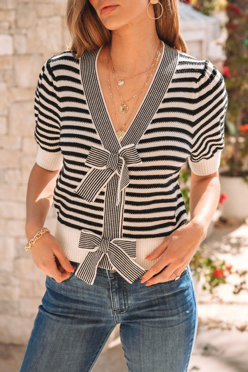 Black Striped Bow Tie Sweater Product Image
