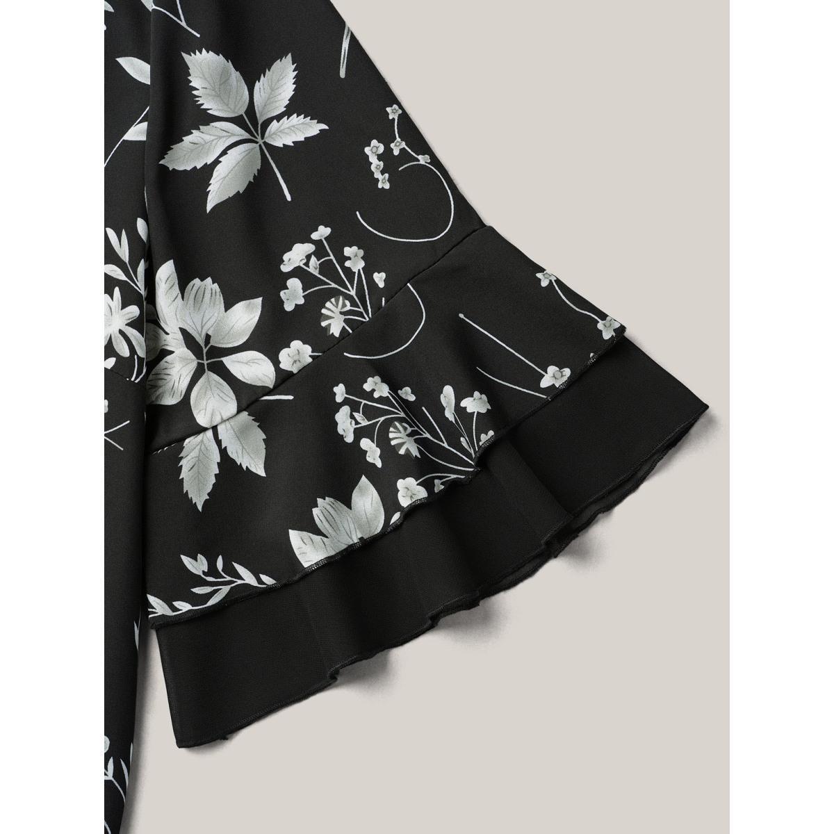 Plus Size Black Floral Print Ruffled V-Neck Shirt Women Elegant Half Sleeve V-neck Everyday Blouses BloomChic 10/M Product Image