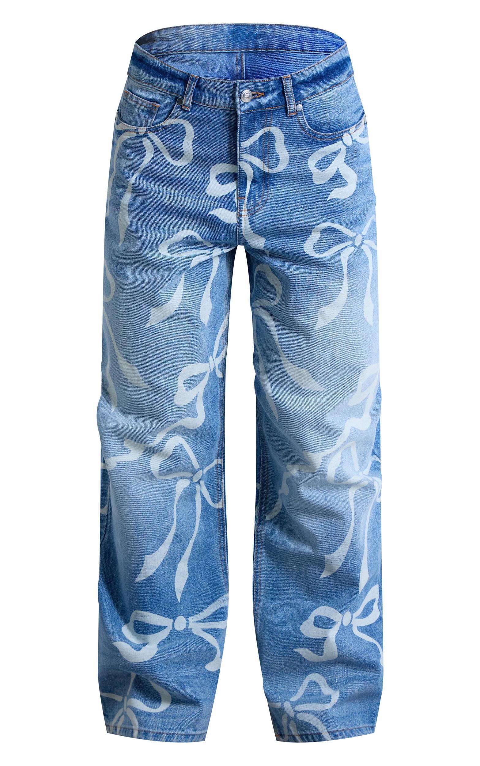 Light Blue Ribbon Laser Print Wide Leg Jeans Product Image