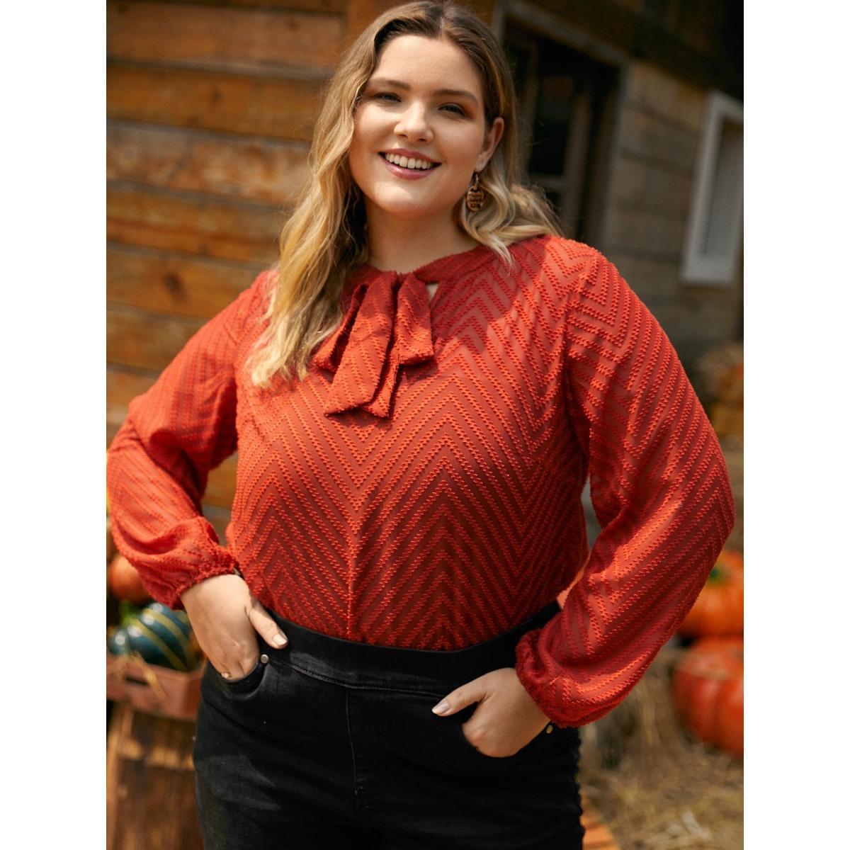 Plus Size Rust Wicked Neck Ribbon Lantern Sleeve Blouse Women Elegant Long Sleeve Ribbon-tied collar Everyday Blouses BloomChic 30/6X Product Image