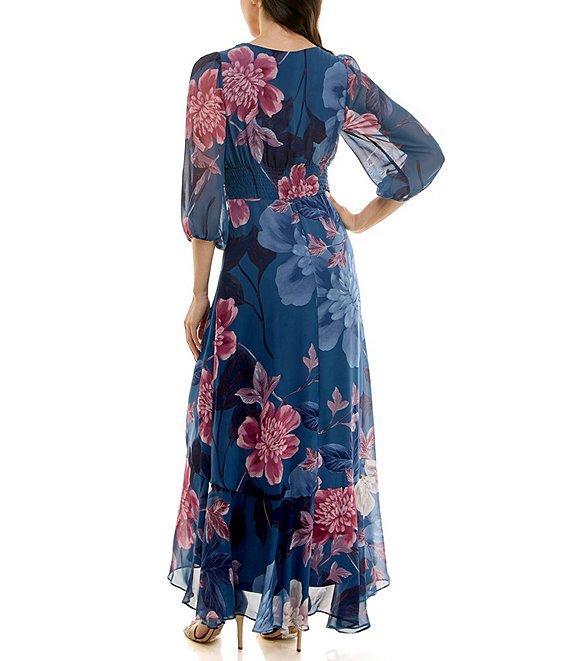 Moda Tara Chiffon 3/4 Sleeve Ruffle Floral Print V-Neck Wrap Maxi Dress Product Image