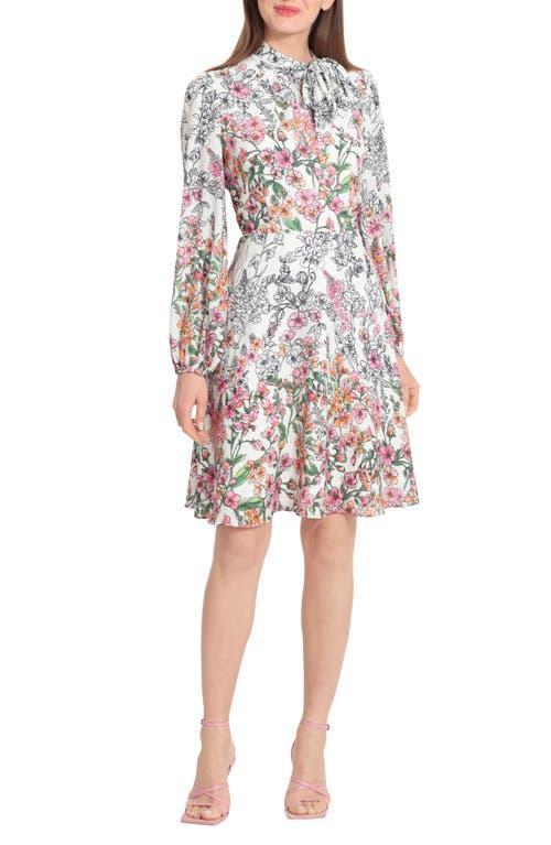 Maggy London Long Sleeve Mini Dress with Neck Tie (Ivory/Pink Bud) Women's Dress Product Image
