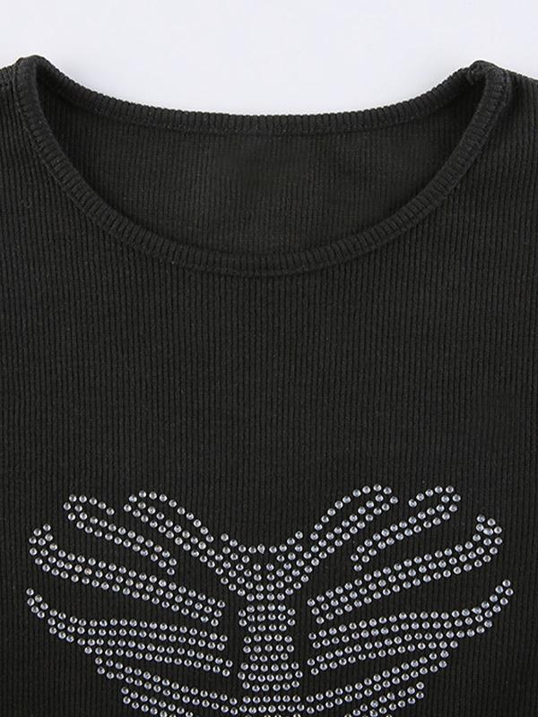 Heart Rhinestone Print Cropped Short Sleeve Tee Product Image