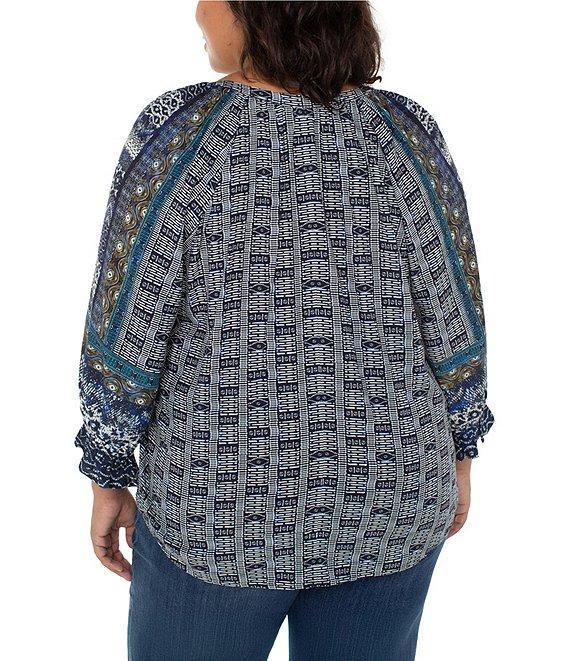 Liverpool Los Angeles Plus Size Woven Printed Split V-Neck 3/4 Sleeve Button-Front Blouse Product Image