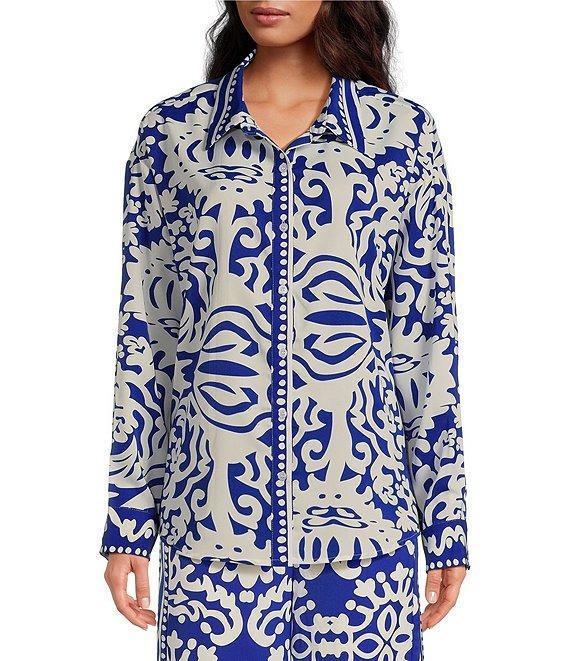 Sugarlips Border Print Oversized Long Sleeve Button Front Shirt Product Image
