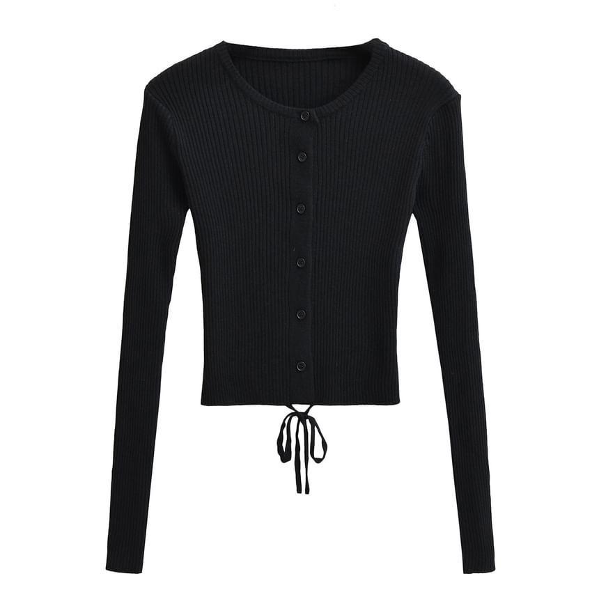 Round Neck Plain Ribbed Knit Cropped Cardigan Product Image