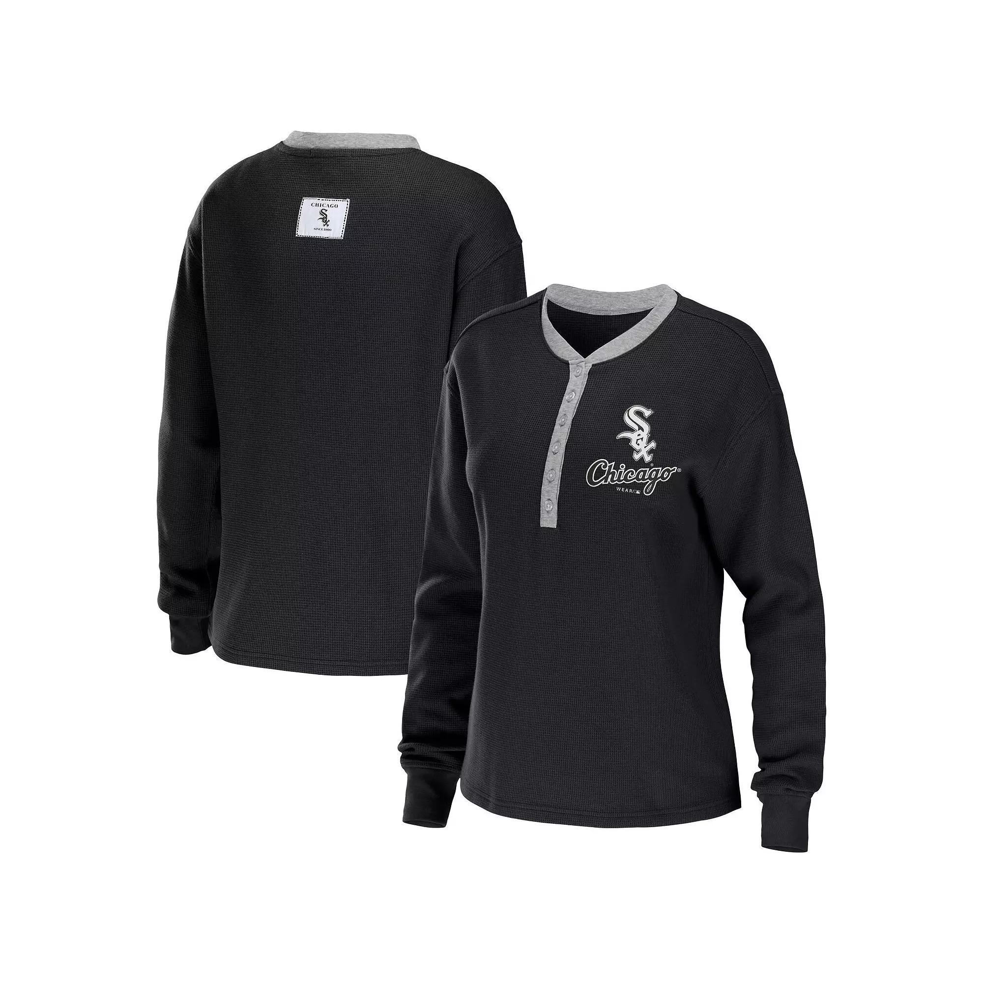Women's WEAR by Erin Andrews Black Chicago White Sox Waffle Henley Long Sleeve T-Shirt, Size: Medium Product Image