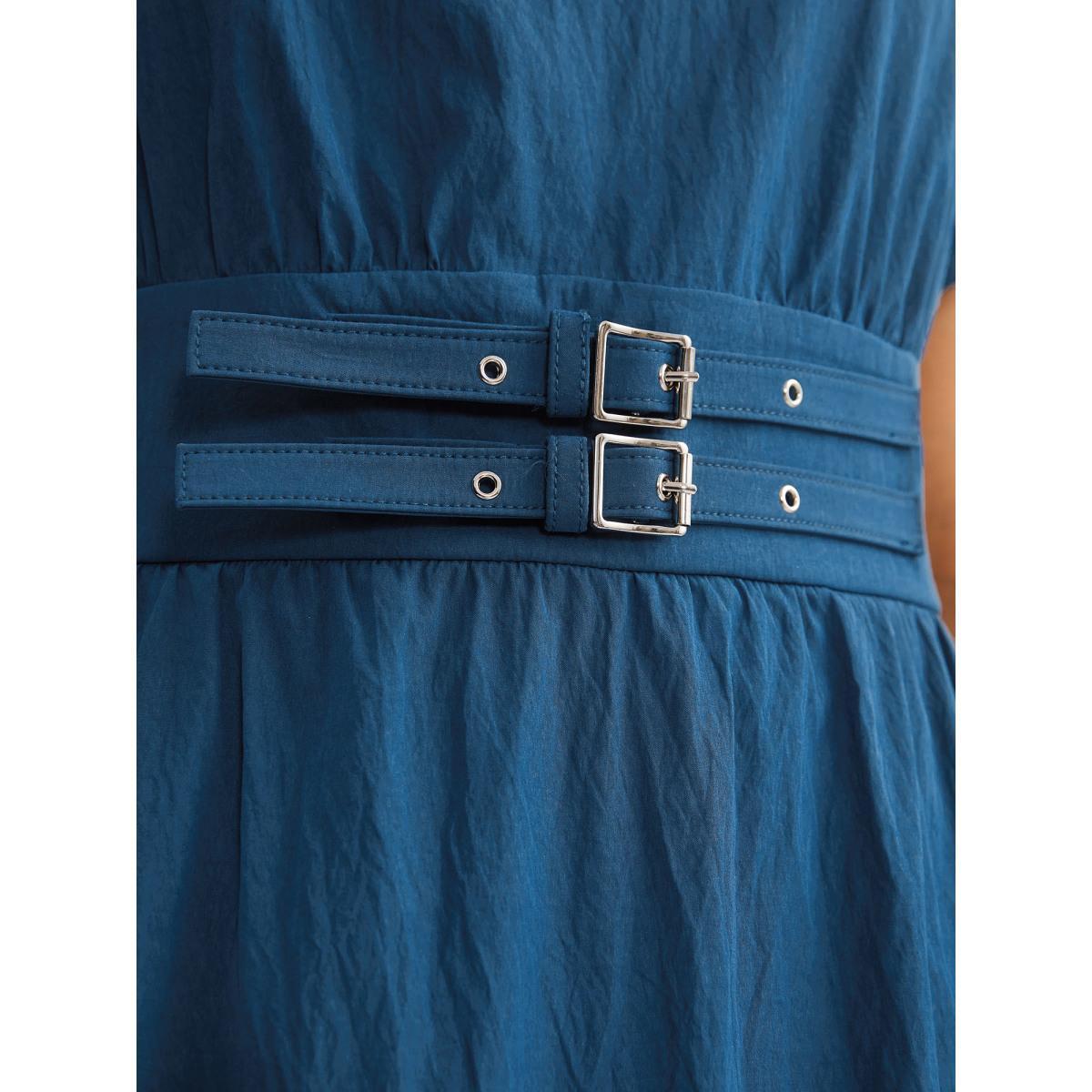 Plus Size Belted Cinched-Waist Solid Maxi Dress Mediumblue Women V-neck Cap Sleeve Curvy BloomChic 12/L Product Image