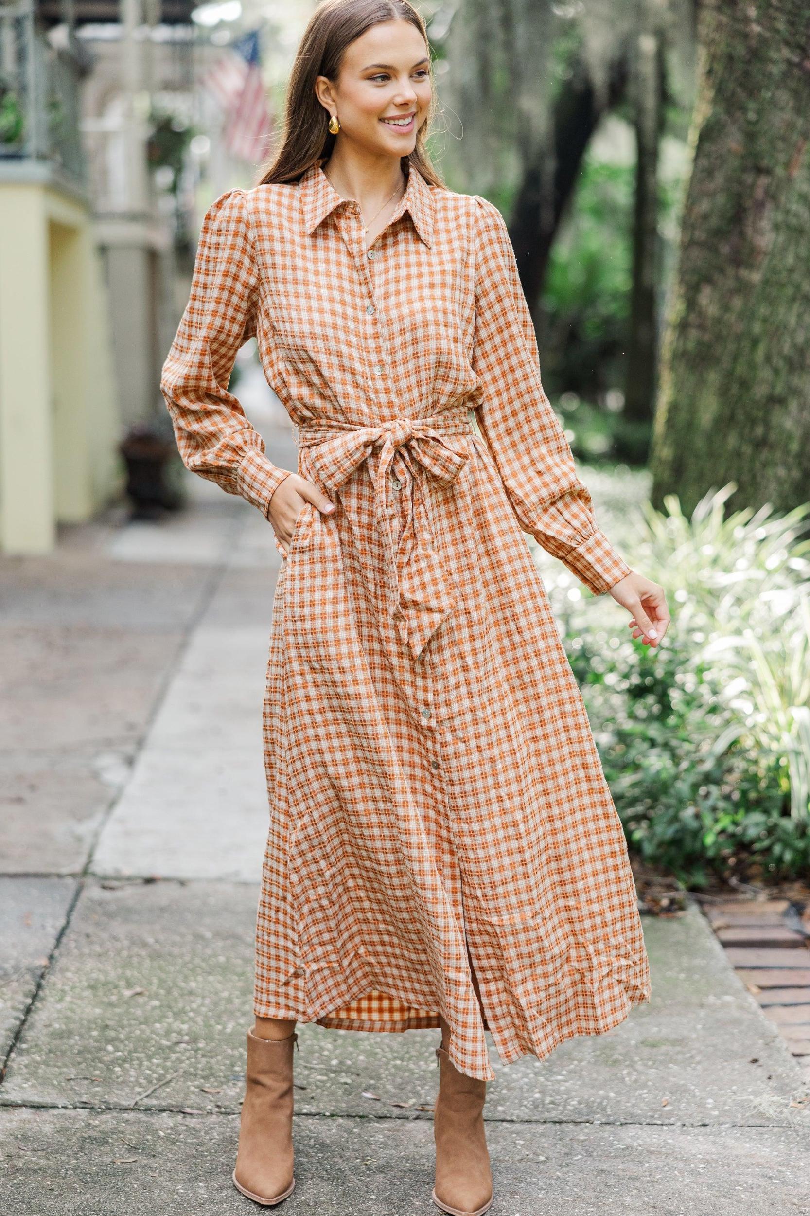 Harvest Wishes Rust Orange Gingham Midi Dress Female Product Image