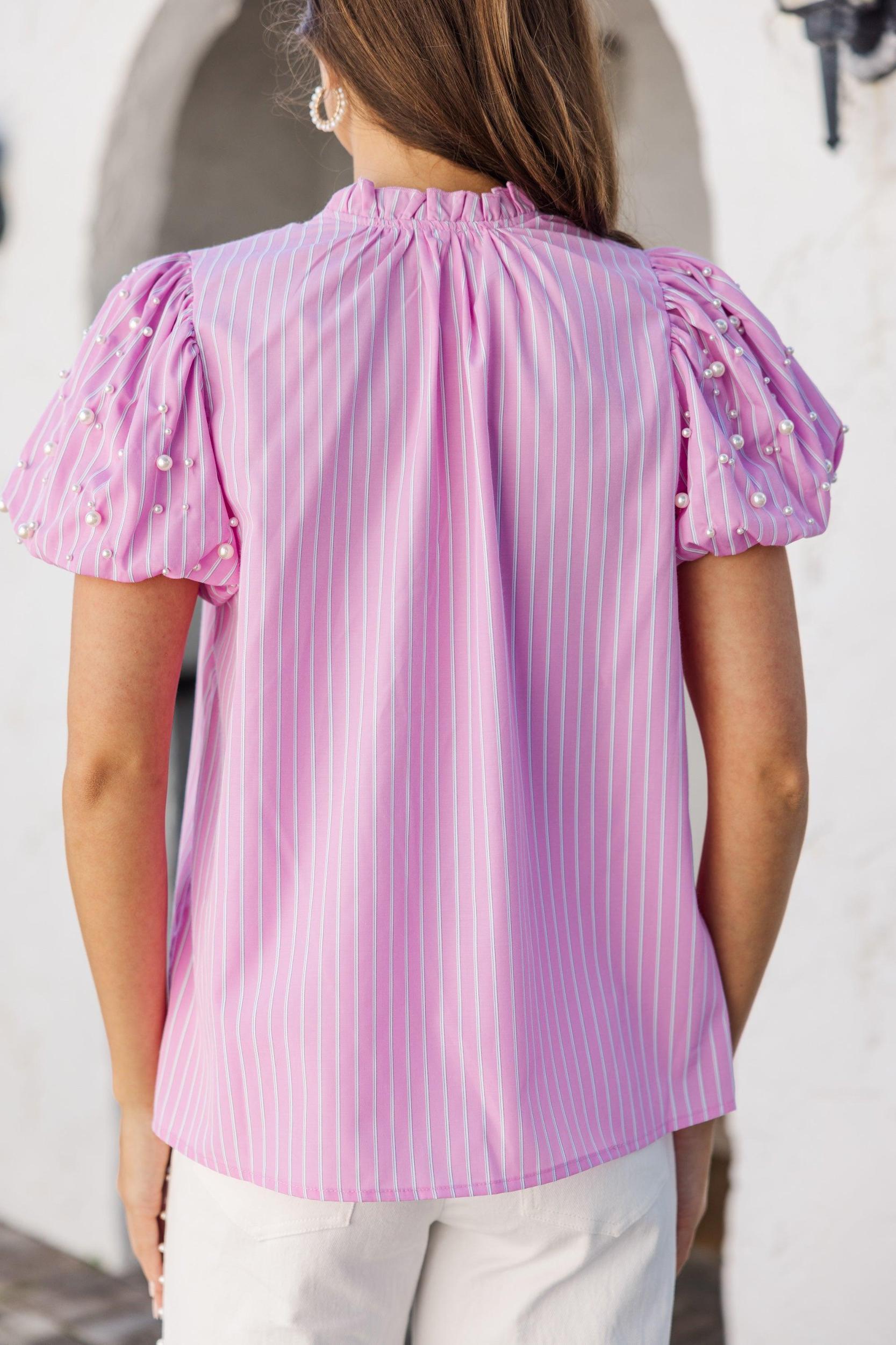 Look For It Pink Embellished Striped Blouse Female Product Image