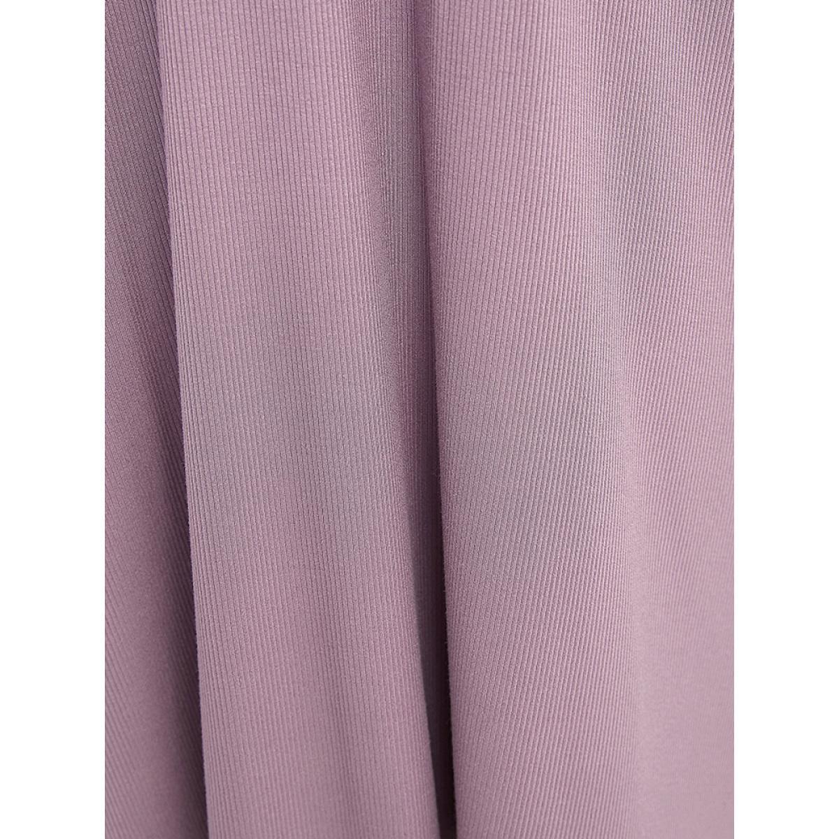 Plus Size Solid Dolman Sleeve Ruffle Trim Pocket Rib Knit Knee Dress Mauve Women Casual Pocket V-neck Half Sleeve Curvy Knee Dress BloomChic 30/6X Product Image