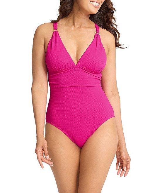 Tommy Bahama Island Cays Solid Texture V-Neck Tummy Control One Piece Swimsuit Product Image