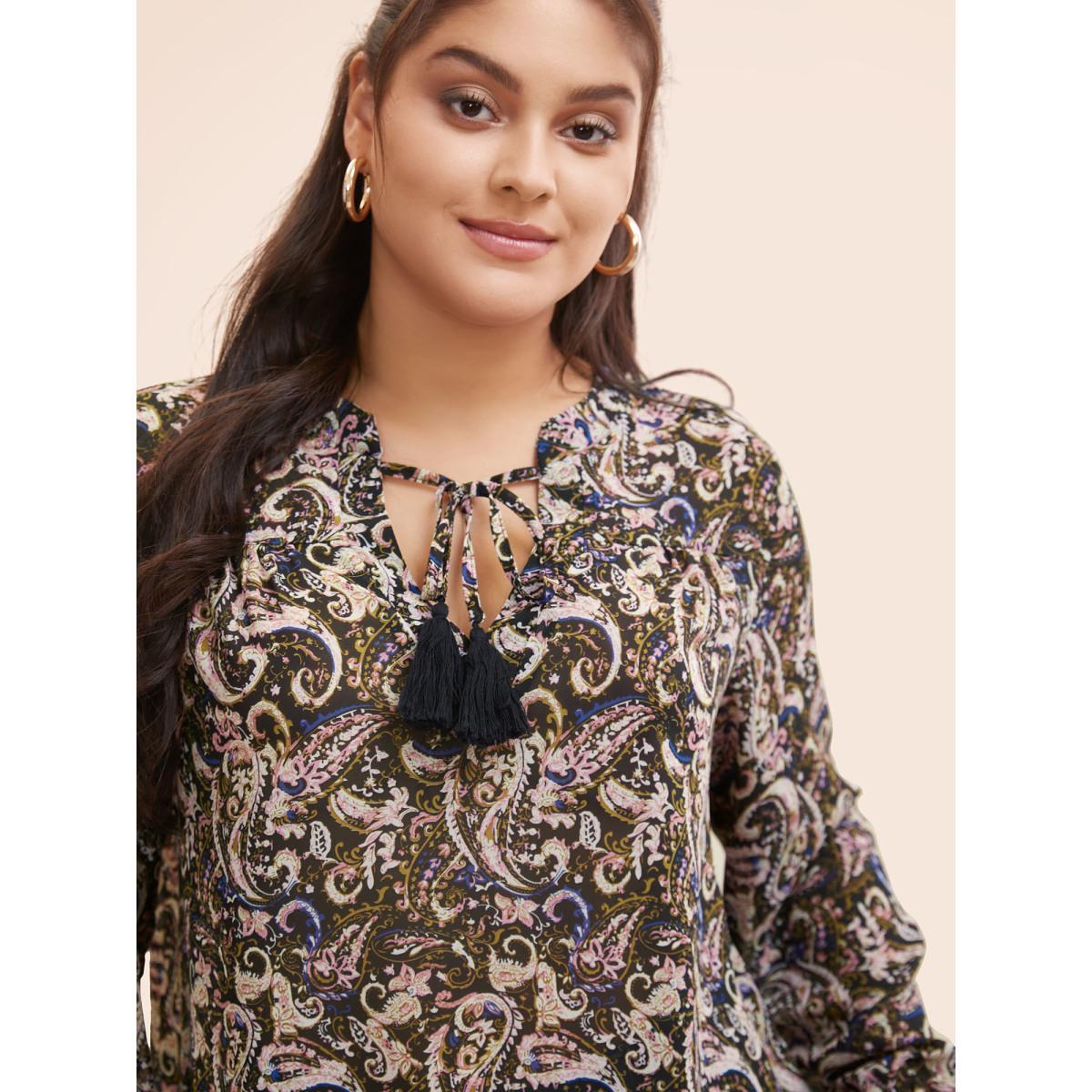 Plus Size Black Chiffon Paisley Tassels Tie Knot Blouse Women Resort Long Sleeve V-neck Vacation Blouses BloomChic 28/5X Product Image