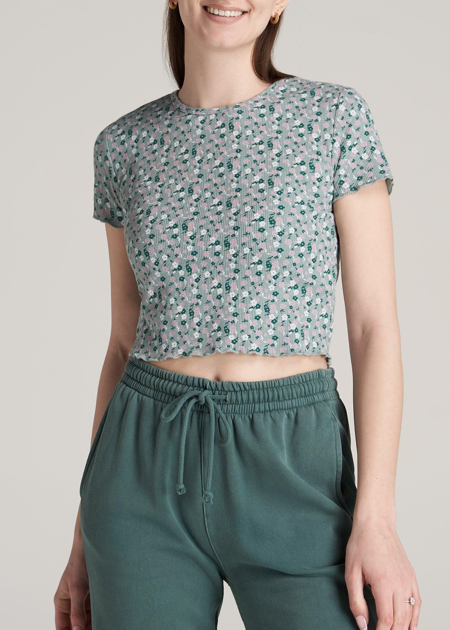Cropped Waffle Tee for Tall Women in Seaglass Floral Product Image