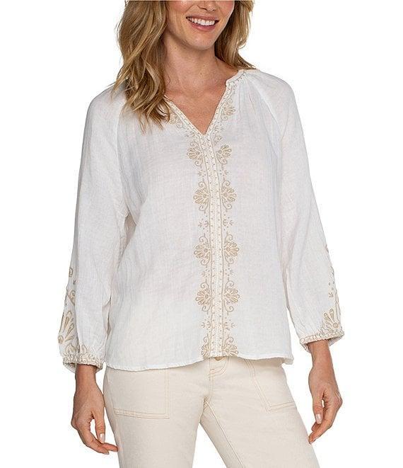Liverpool Los Angeles Embroidered Split V Neck Long Sleeve Top Product Image