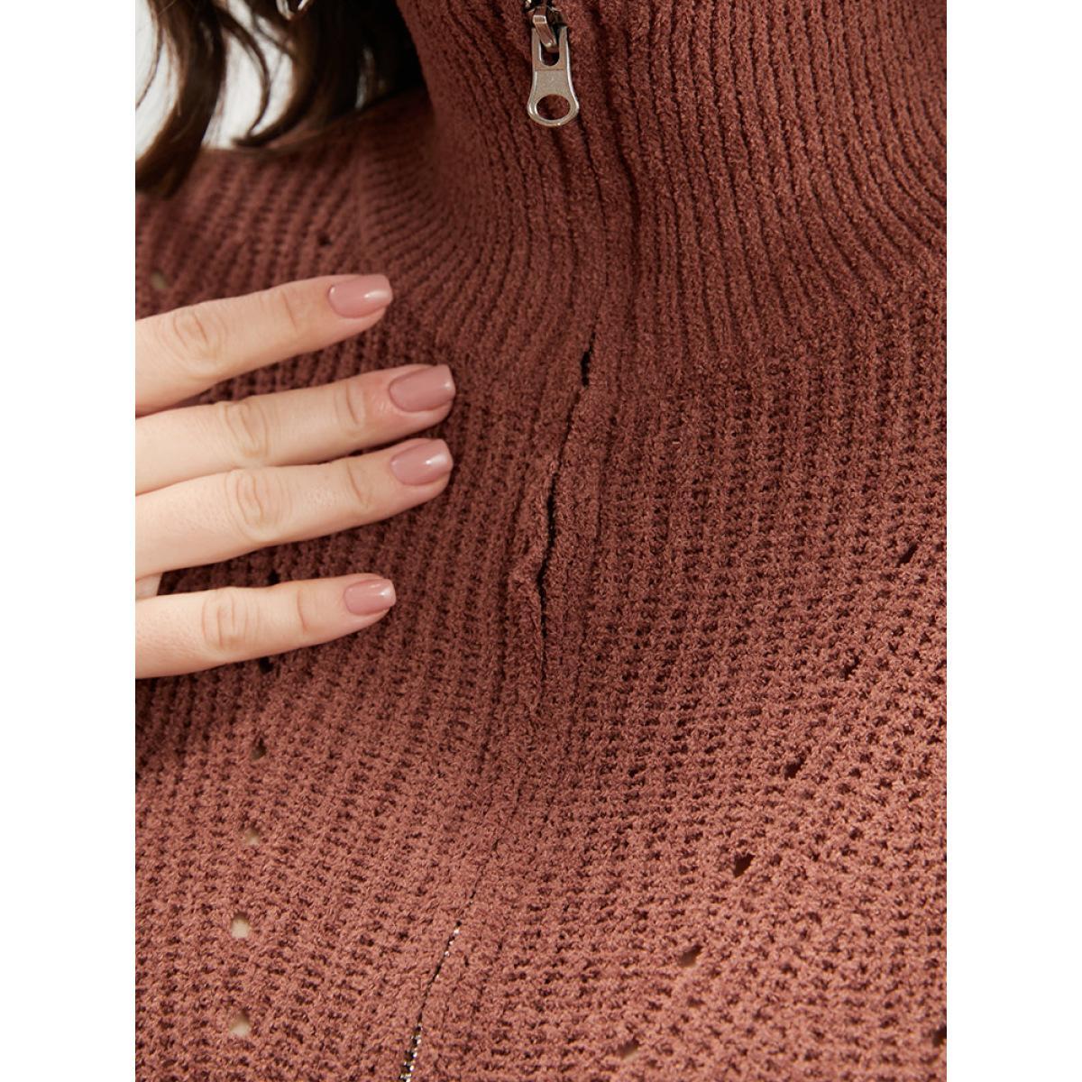 Plus Size Solid Super Soft Knit Zipper Mock Neck Eyelet Knit Top Bronze Women Casual Loose Long Sleeve Mock Neck Dailywear Pullovers BloomChic 12/L Product Image