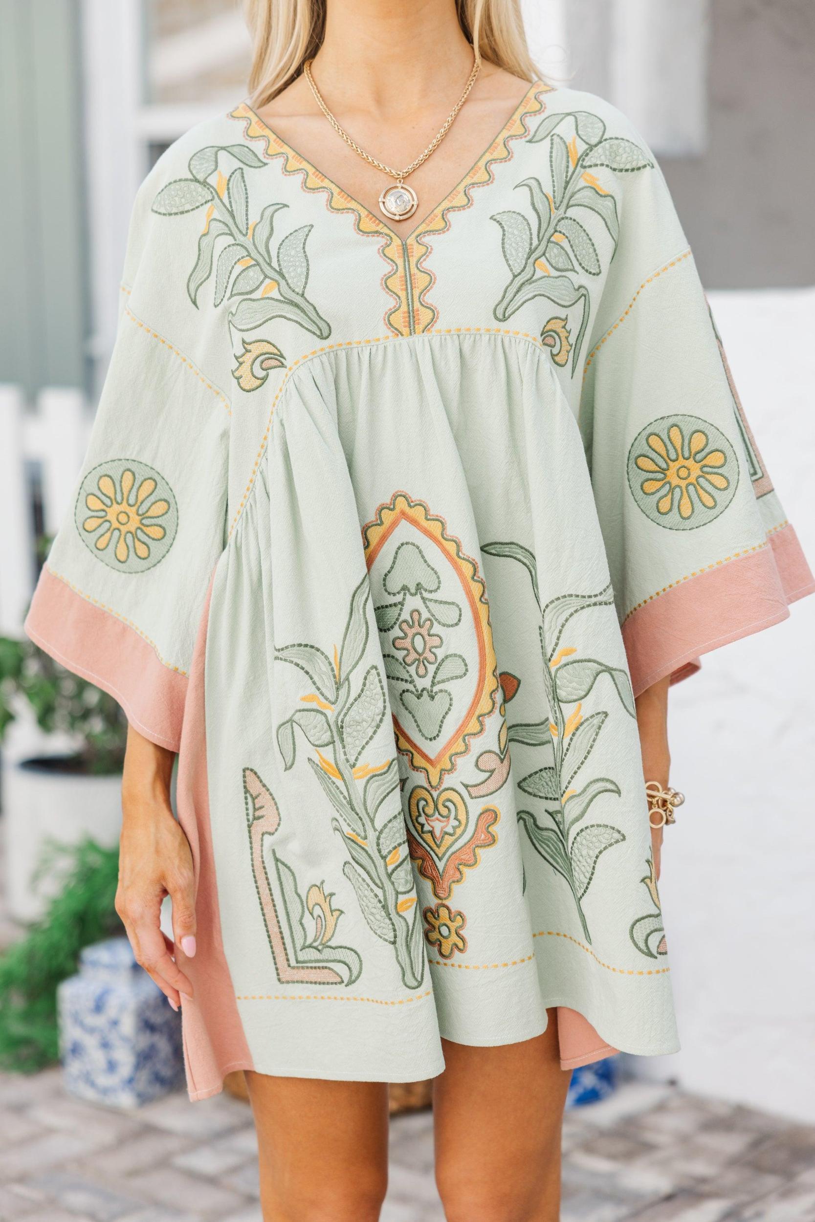 Just My Type Mint Green Floral Embroidery Babydoll Dress Female Product Image
