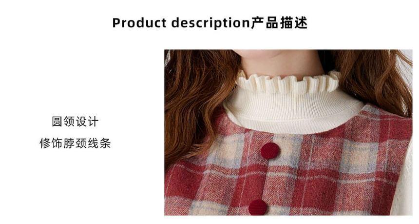 Sleeveless Crew Neck Plaid Button Accent Midi A-Line Dungaree Dress Product Image