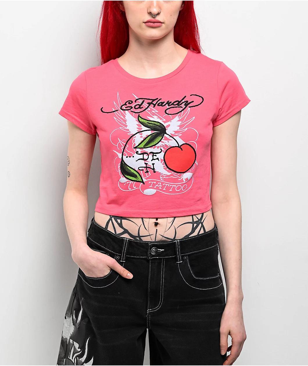 Ed Hardy Cherry Hot Pink Crop T-Shirt Product Image