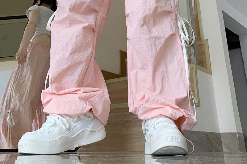 Drawstring Waist Bow Accent Striped Trim Wide Leg Cargo Pants Product Image