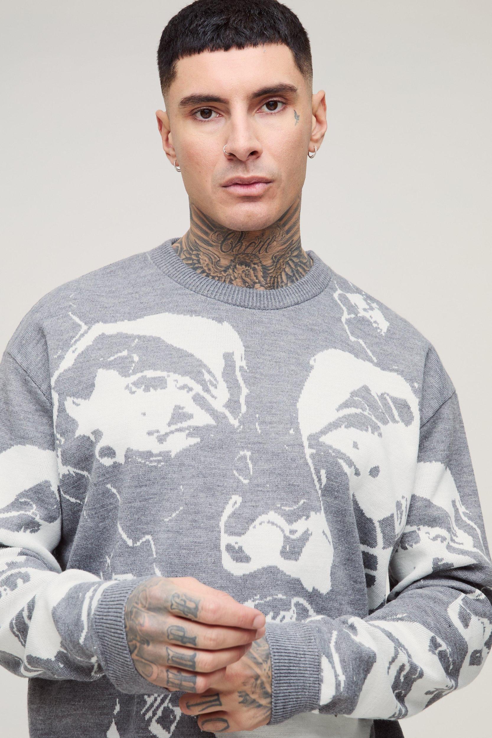 Tall Oversized Boxy Line Face Knitted Sweater | boohooMAN USA Product Image