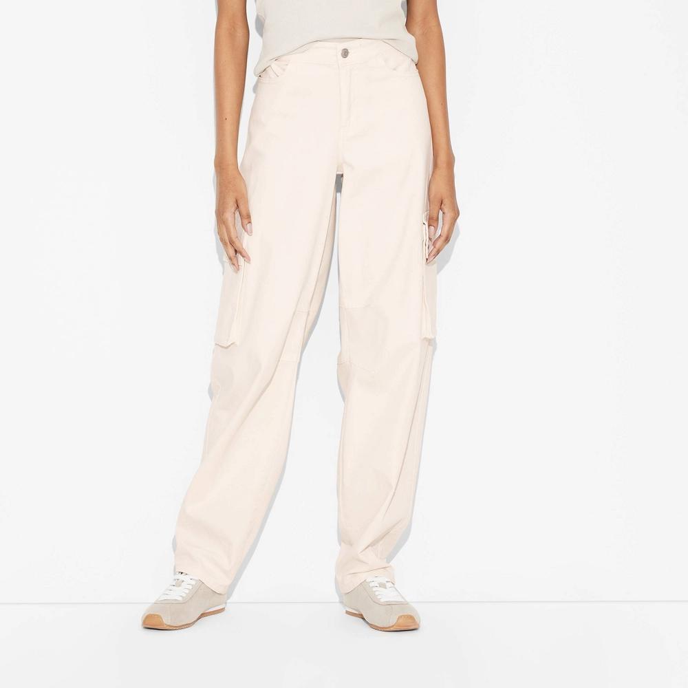 Women's Mid-Rise Barrel Cargo Pants - Wild Fable™ Off-White L: Relaxed Fit, Lightweight Woven Fabric, 32" Inseam Product Image