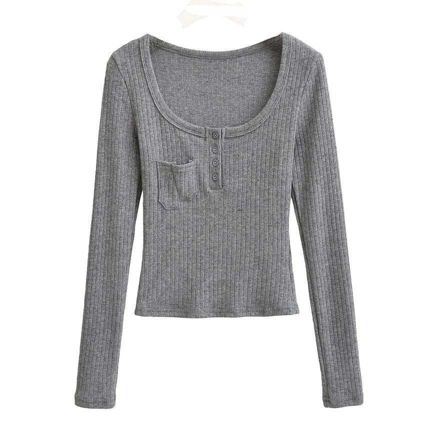 Long Sleeve Scoop Neck Plain Ribbed Cropped Top Product Image