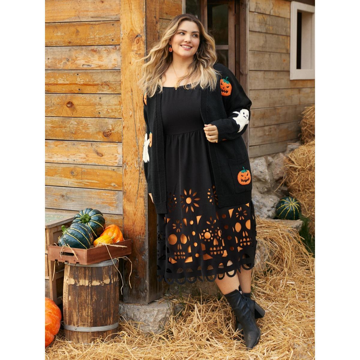 Plus Size Pumpkin Ghost Embroidery Open Cardigan Black Women Casual Loose Long Sleeve Everyday Cardigans BloomChic 22-24/3X Product Image