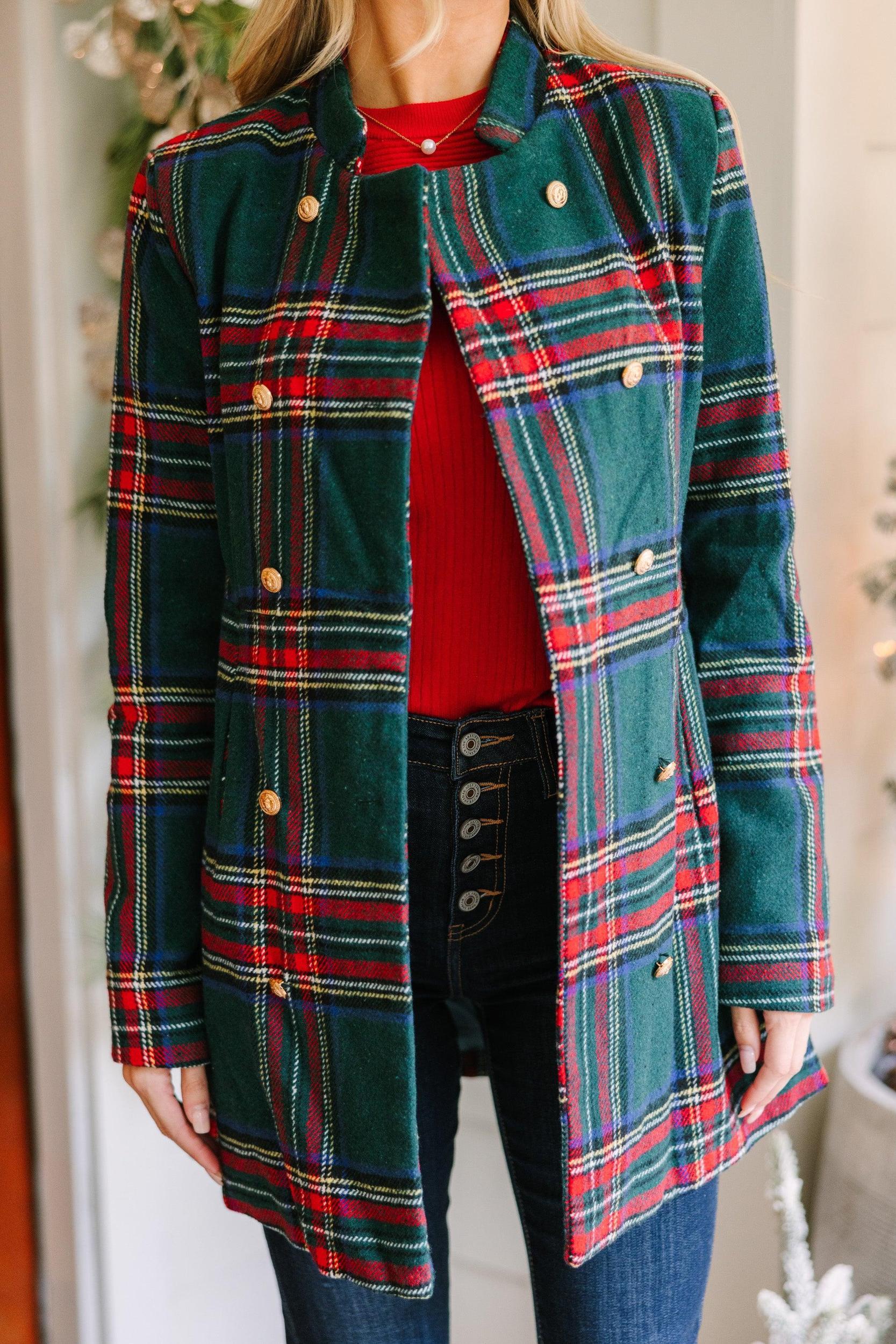 City Streets Emerald Green Plaid Coat Female Product Image