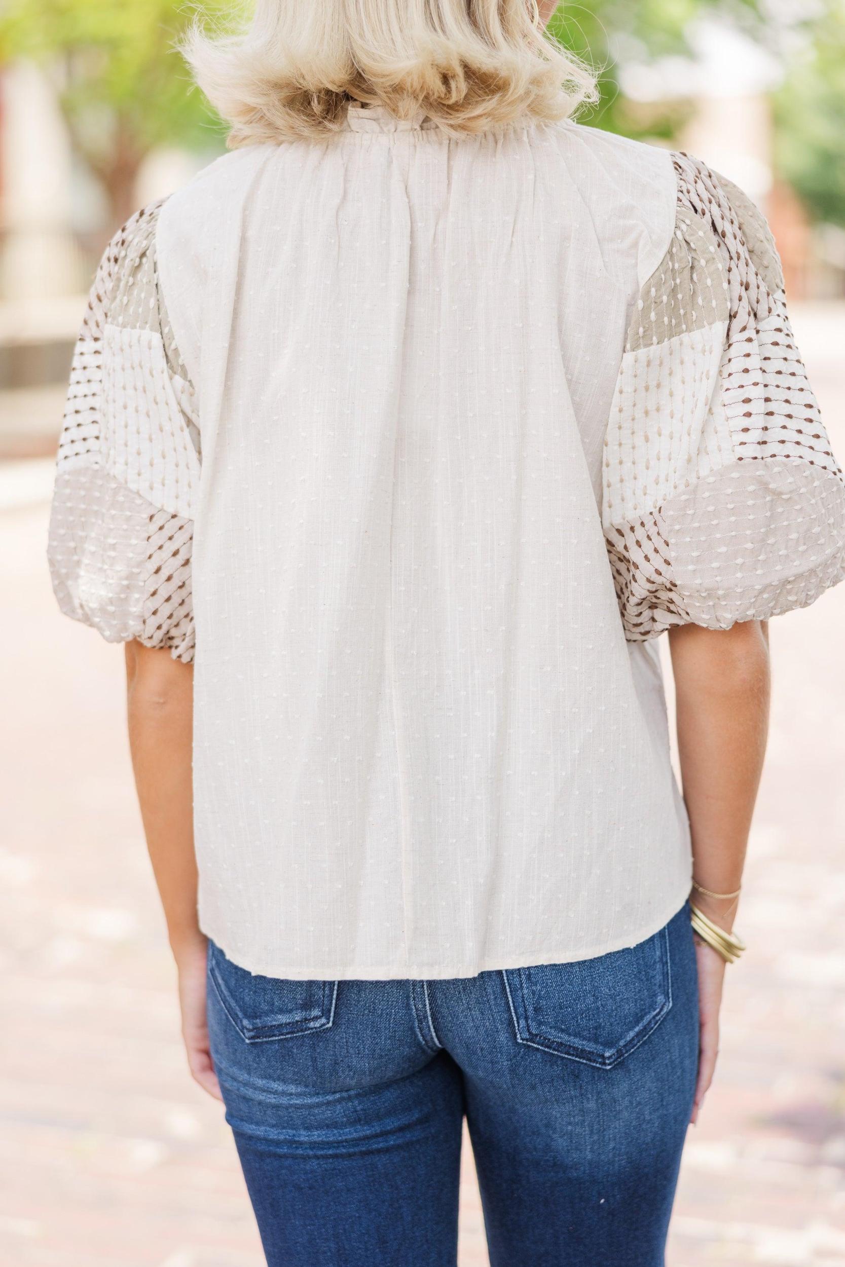 THML: Find Your Happiness Cream White Textured Blouse Female Product Image