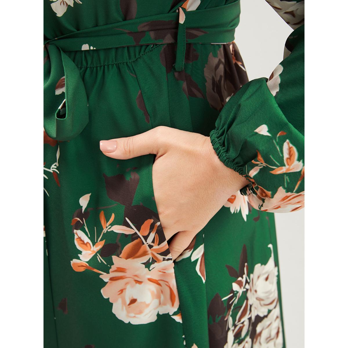 Plus Size Floral Print Lantern Sleeve Button Detail Pocket Belted Dress Moss Women Elegant Elastic Waist V-neck Long Sleeve Curvy Midi Dress BloomChic 14-16/1X Product Image