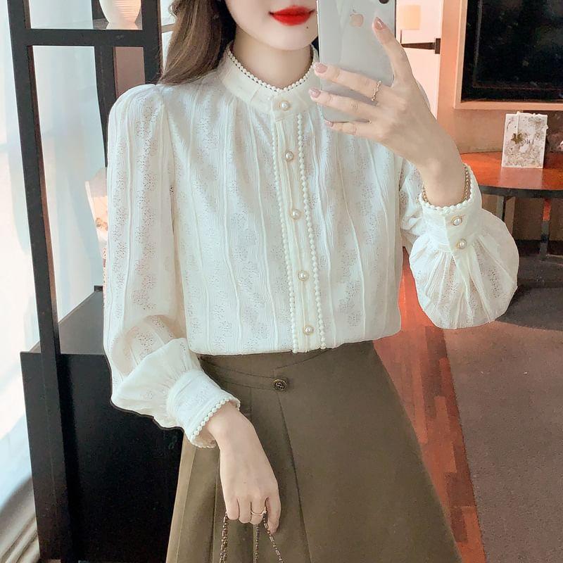 Long-Sleeve Stand Collar Lace Blouse Product Image