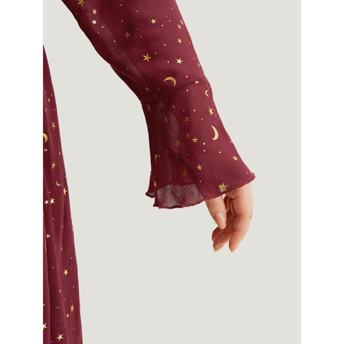 Plus Size Moon & Star Glitter Surplice Neck Bell Sleeve Dress Burgundy Women Party Printed V-neck Long Sleeve Curvy Midi Dress BloomChic 26/4X Product Image