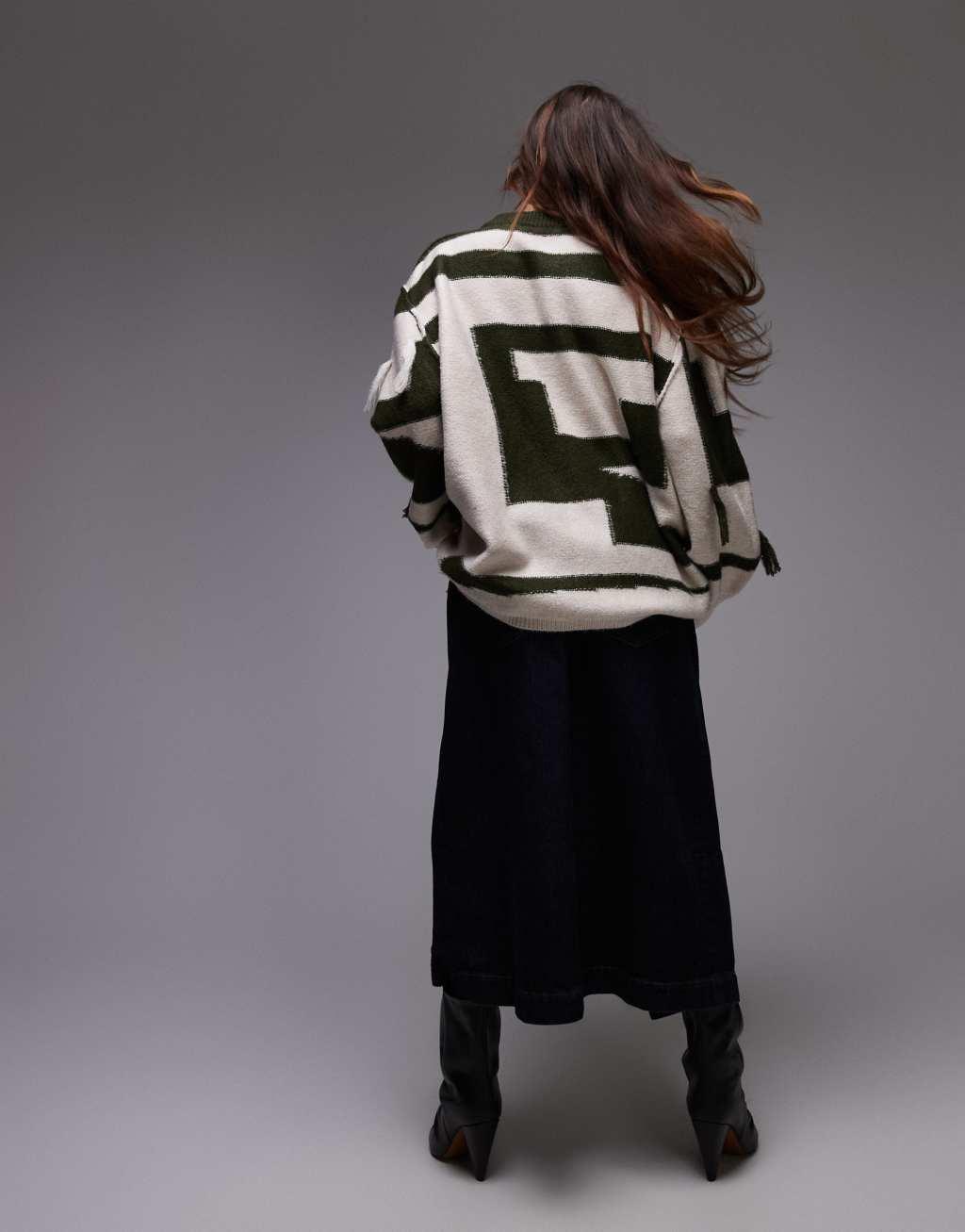 Topshop knit tassel patchwork oversized sweater in green and ecru Product Image