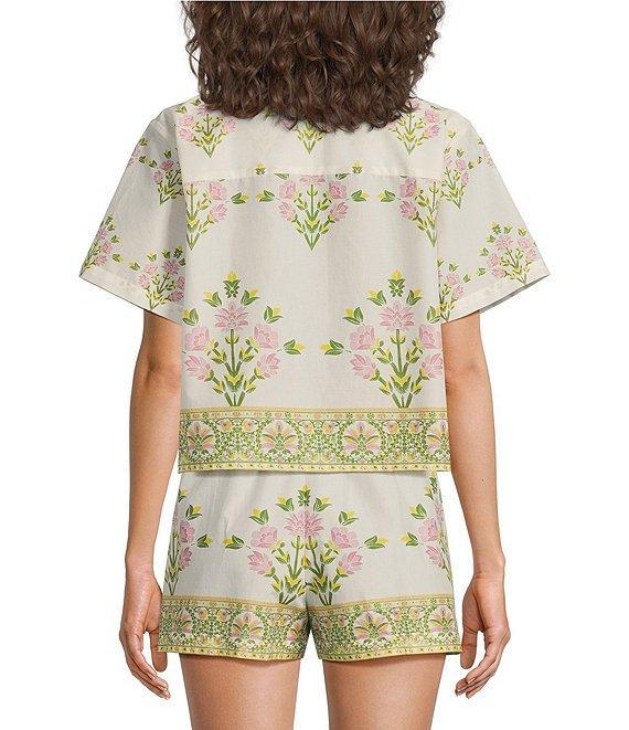 A Loves A Woven Floral Notch Lapel Button Front Short Sleeve Cropped Coordinating Camp Shirt Product Image
