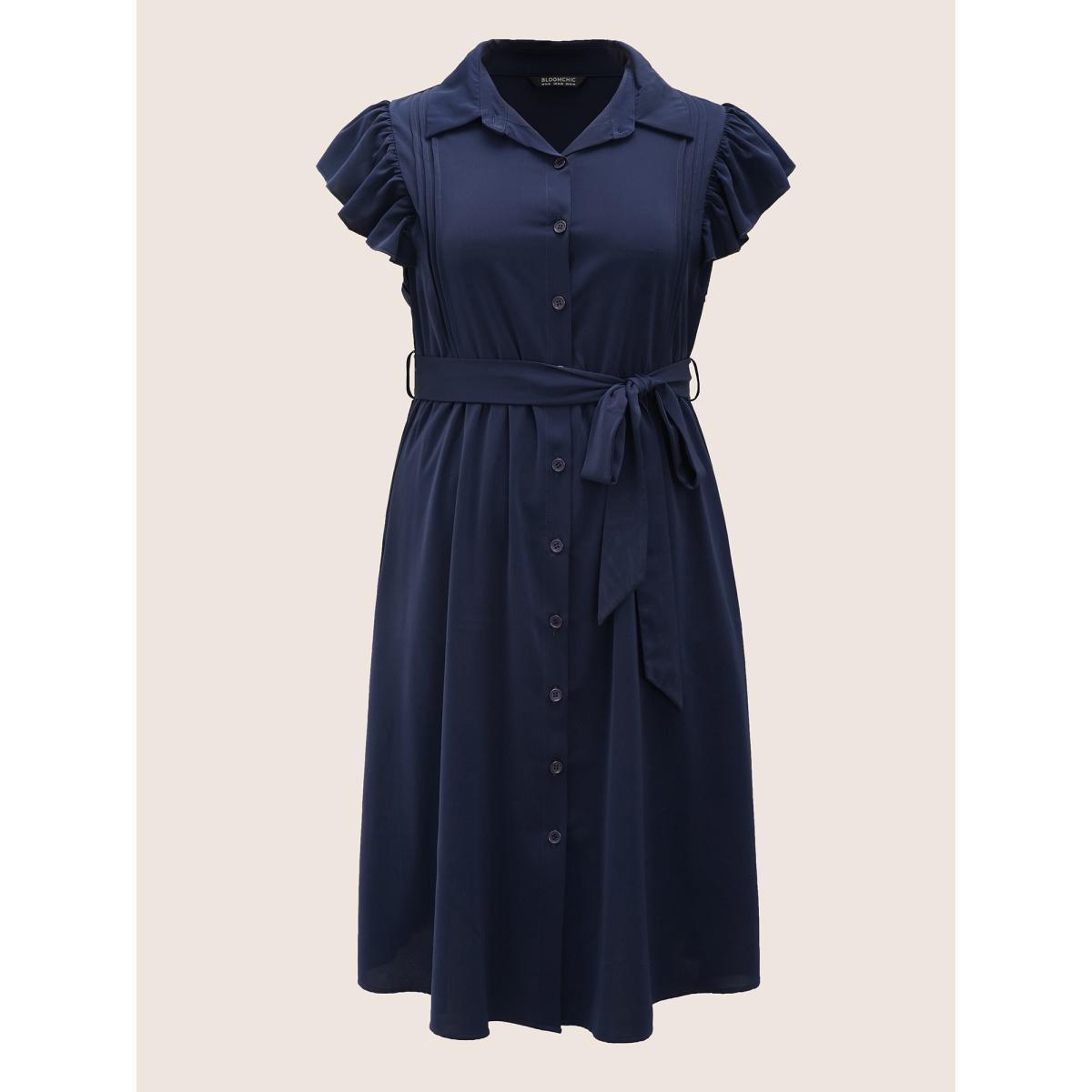 Plus Size Plain Pleated Button Through Cap Sleeve Dress Indigo Women At the Office Gathered Shirt collar Cap Sleeve Curvy Midi Dress BloomChic 22-24/3X Product Image