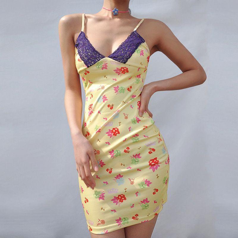 Spaghetti-Strap V-Neck Floral Print Lace-Panel Mini Bodycon Dress Product Image