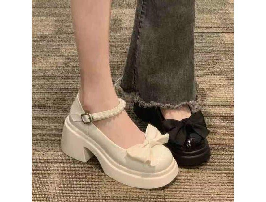 Platform Chunky Heel Bow Faux Pearl Strap Mary Jane Shoes Product Image