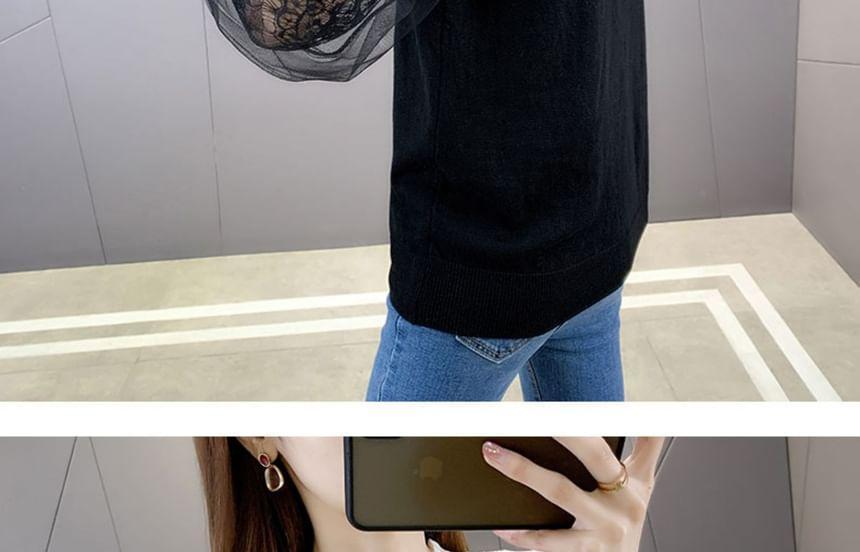 Long-Sleeve Round Neck Lace Panel Knit Top Product Image